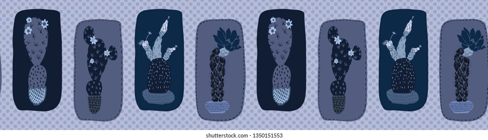 Cactus in plant pot seamless bordepattern. Indoor succulent houseplant vector illustration. Repeatable edging band graphic design print. Hand drawn desert cacti indigo blue dark plant ribbon trim. 