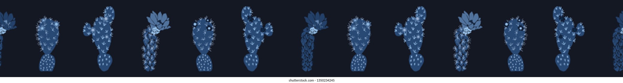 Cactus in plant pot seamless border pattern. Indoor succulent houseplant vector illustration. Repeatable edging band graphic design print. Hand drawn desert cacti indigo blue dark plant ribbon trim.