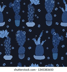 Cactus in plant pot seamless pattern. Indoor succulent houseplant vector illustration. Repeatable tile graphic design wallpaper print. Hand drawn desert cacti indigo blue dark plant background. 