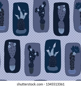Cactus in plant pot seamless pattern. Indoor succulent houseplant vector illustration. Repeatable tile graphic design wallpaper print. Hand drawn desert cacti indigo blue dark plant background.