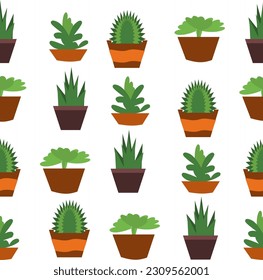 cactus y plantar en ollas caricatura repiten un patrón sin fisuras, diseño de imagen completa para impresión de tela, papel tapiz de taller de planta, o fondo de naturaleza, casa verde