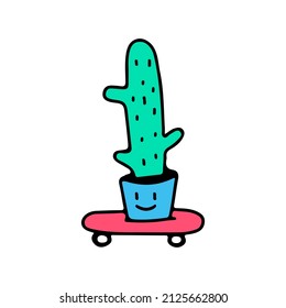 Cactus plant and skateboard, illustration for t-shirt, sticker, or apparel merchandise. With doodle, retro, and cartoon style.