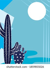 cactus plant succulent sun cartoon blue background design vector illustration