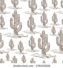 Cactus plant with thorns seamless pattern. Botany of mexico, decorative flora growing in desert. Cacti exotic botanical flora. Landscape with sand. Monochrome sketch outline, vector in flat style