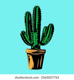 cactus plant in vector cartoon style, with brown vase or pot