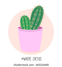 The cactus plant. Vector illustration. Cactus in cute pink pot on a round background. Exotic flora for interior decoration. Cartoon style.