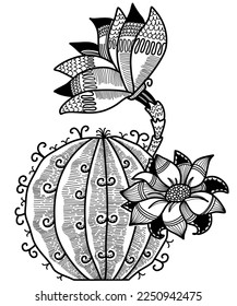 Cactus plant vector illustration. Hand drawn succulent with big flowers in pot decorative line style abstract design for print or coloring book.