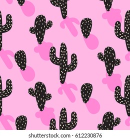 Cactus plant vector pink seamless pattern. Abstract cartoon desert fabric print. Scandinavian style cacti with shadow for wallpaper, curtain, tablecloth.