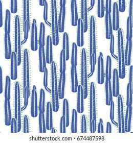 Cactus plant vector seamless pattern. Abstract desert nature fabric print. Dense long stem blue cacti on white for wallpaper and textile apparel.