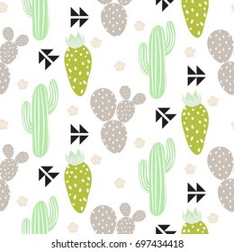 Cactus plant vector seamless pattern. Abstract hipster desert nature fabric print. Green mint cacti on white for wallpaper and textile apparel.