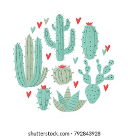 Cactus plant, vector stipple concept with hearts