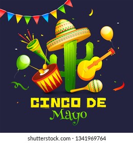 Cactus plant wearing hat with music instrument and colorful bunting decoration on black background for Cinco De Mayo party celebration.