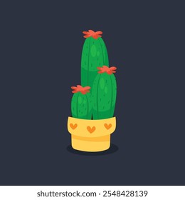 Cactus plant with yellow pot in flat vector design.