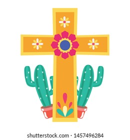 cactus plants with cross religion vector illustration design
