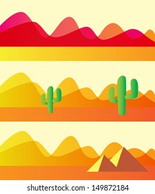 Cactus plants in desert. Pyramid, Egypt. Vector illustration