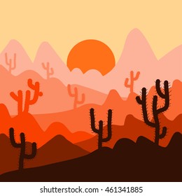 Cactus plants in desert sunset background