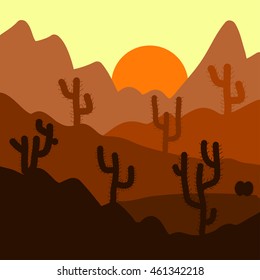 Cactus plants in desert sunset background