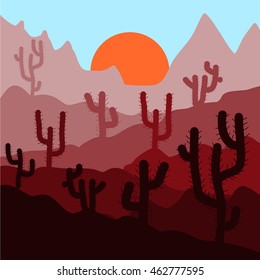 Cactus plants in desert sunset background. Vector illustration.