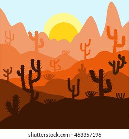 Cactus plants in desert sunset background