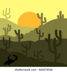 Cactus plants in desert sunset background. Vector illustration.