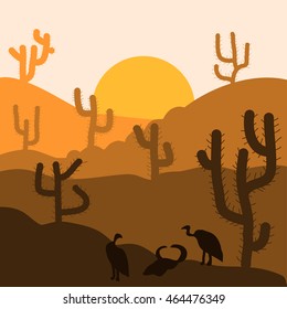 Cactus plants in desert sunset background. Vector illustration.