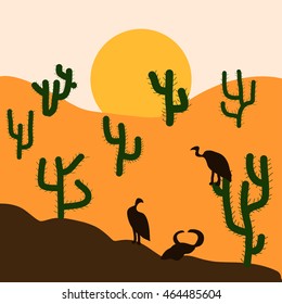 Cactus plants in desert sunset background. Vector illustration.