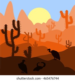 Cactus plants in desert sunset background. Vector illustration.