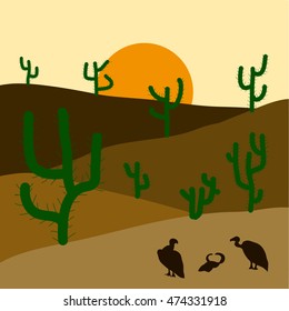 Cactus plants in desert sunset background. Vector illustration.