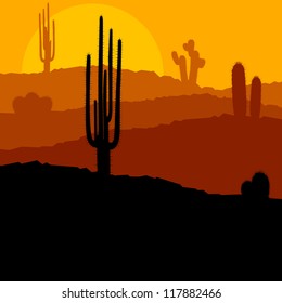 Cactus plants in desert sunset vector background