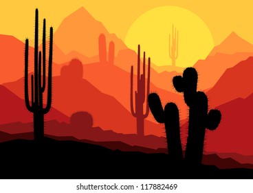 Cactus plants in desert sunset vector background