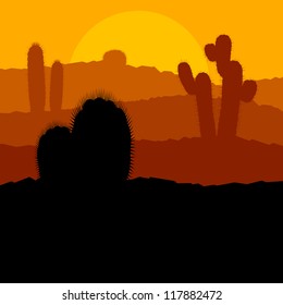 Cactus plants in desert sunset vector background