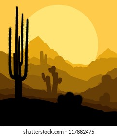 Cactus plants in desert sunset vector background