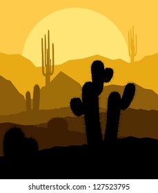 Cactus plants in desert sunset vector background