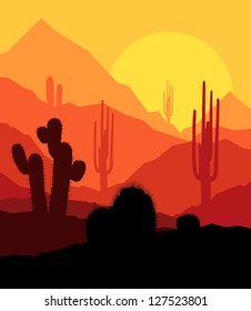 Cactus plants in desert sunset vector background