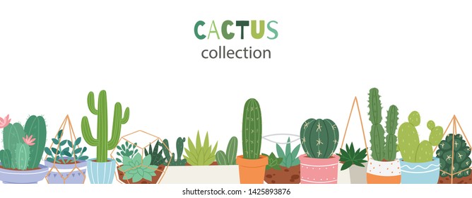 Cactus plants in garden pottery with green hand written font. Green Cacti, aloe vera, cactus with flowers and succulents collection vector illustration. Home greenery garden.