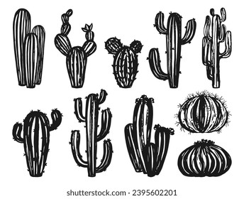 Cactus plants ink stamp set. Trendy exotic silhouette succulent collection isolated. Scrapbook engraving botanical desert cacti. Western grungy paint shape cactus etching design vector illustration