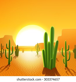 Cactus plants in mexican desert with rising sun on background vector illustration