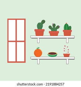 cactus plants, miniature oranges and other plants on wall shelves as home decorations