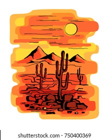 Cactus plants on the background of mountains. Sunset in the desert. Vector illustration of a vertical format.