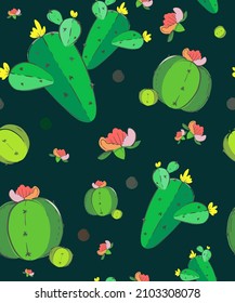 Cactus plants on a white or colored background. Vector pattern. A flat picture in delicate green shades. Elements for the design and printing of wallpapers, sketches, patterns and textiles.