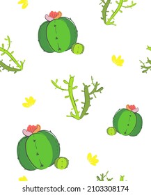 Cactus plants on a white or colored background. Vector pattern. A flat picture in delicate green shades. Elements for the design and printing of wallpapers, sketches, patterns and textiles.