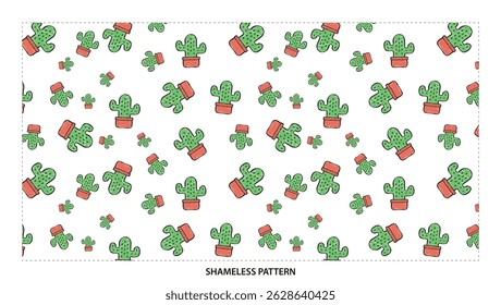 Cactus Plants in Pots on White Background Seamless Pattern Design