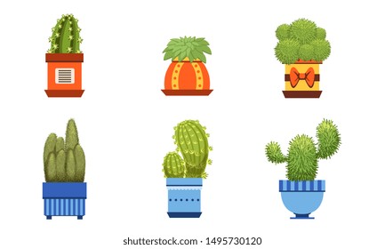 Cactus Plants in Pots Set, Potted Cactuses and Succulents Houseplants Vector Illustration