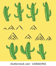 Cactus plants set of desert among sand and rocks. vector illustration