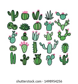 Cactus plants set. Vector colorful hand drawn outline sketch illustration isolated on white background. Cacti without pots