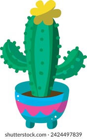 Cactus plants set vector with ellow flower in blue and pink pot. Succulent vector illustration isolated on white background