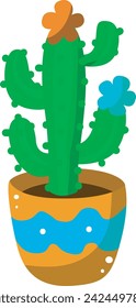 Cactus plants set vector with orange flower in yellow and blue pot. Succulent vector illustration isolated on white background