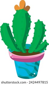 Cactus plants set vector with orange flower in blue and pink pot. Succulent vector illustration isolated on white background