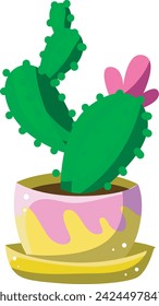 Cactus plants set vector with pink flower in yellow pot. Succulent vector illustration isolated on white background