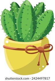 Cactus plants set vector in yellow pot and brown bow. Succulent vector illustration isolated on white background